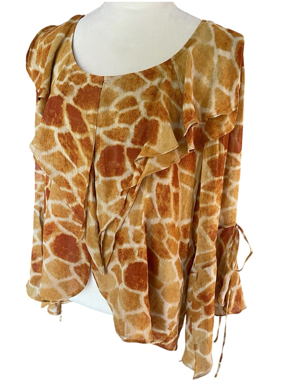 Marc Bouwer Giraffe Print Bell
Sleeves Ruffle Blouse with Tie Cuffs 100% Silk